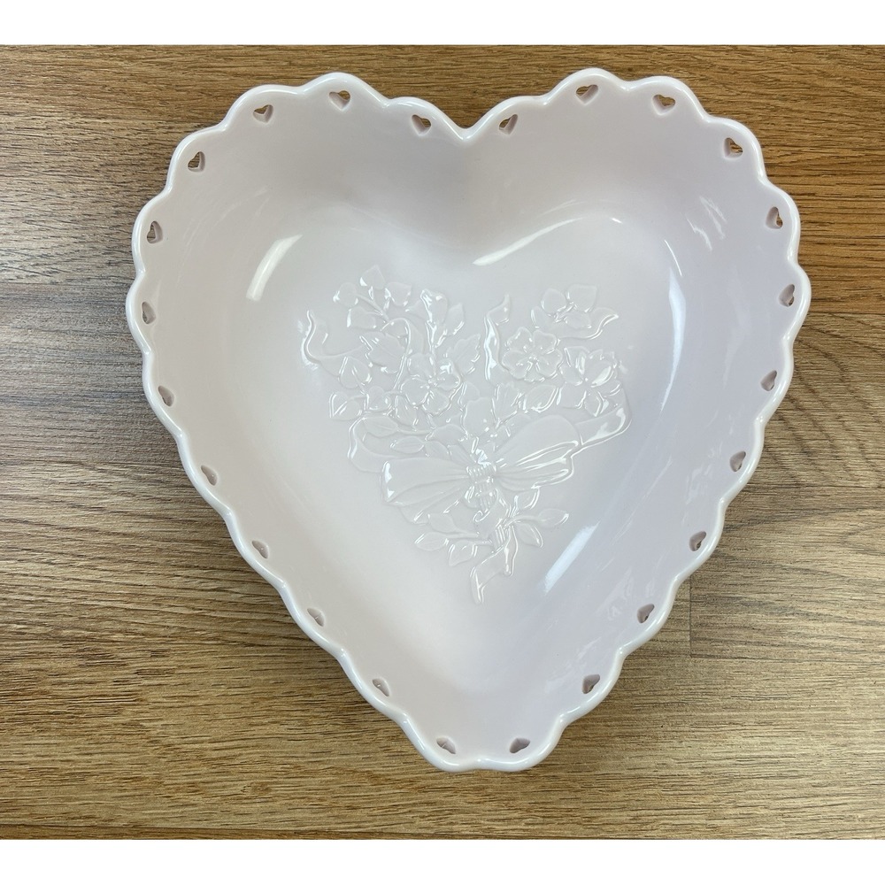 Longaberger Pottery Bowl Sweetest Heart Dish PINK Floral Bouquet Scalloped Edge
